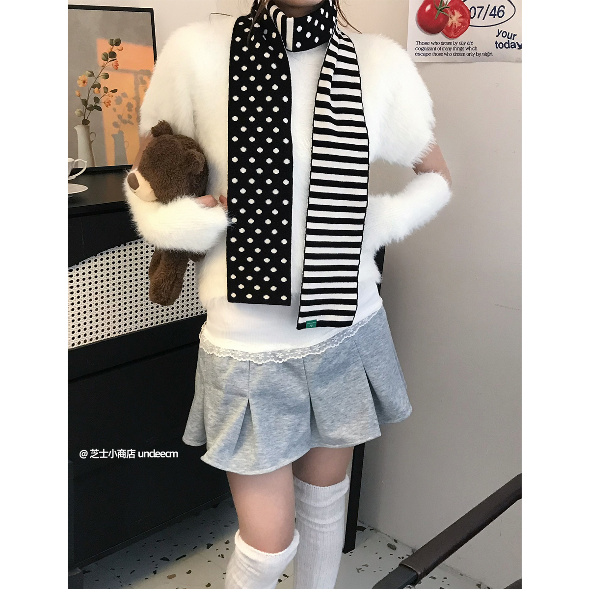 小众搭配波点条纹拼色针织长条围巾秋冬复古新款细窄围脖韩国ins