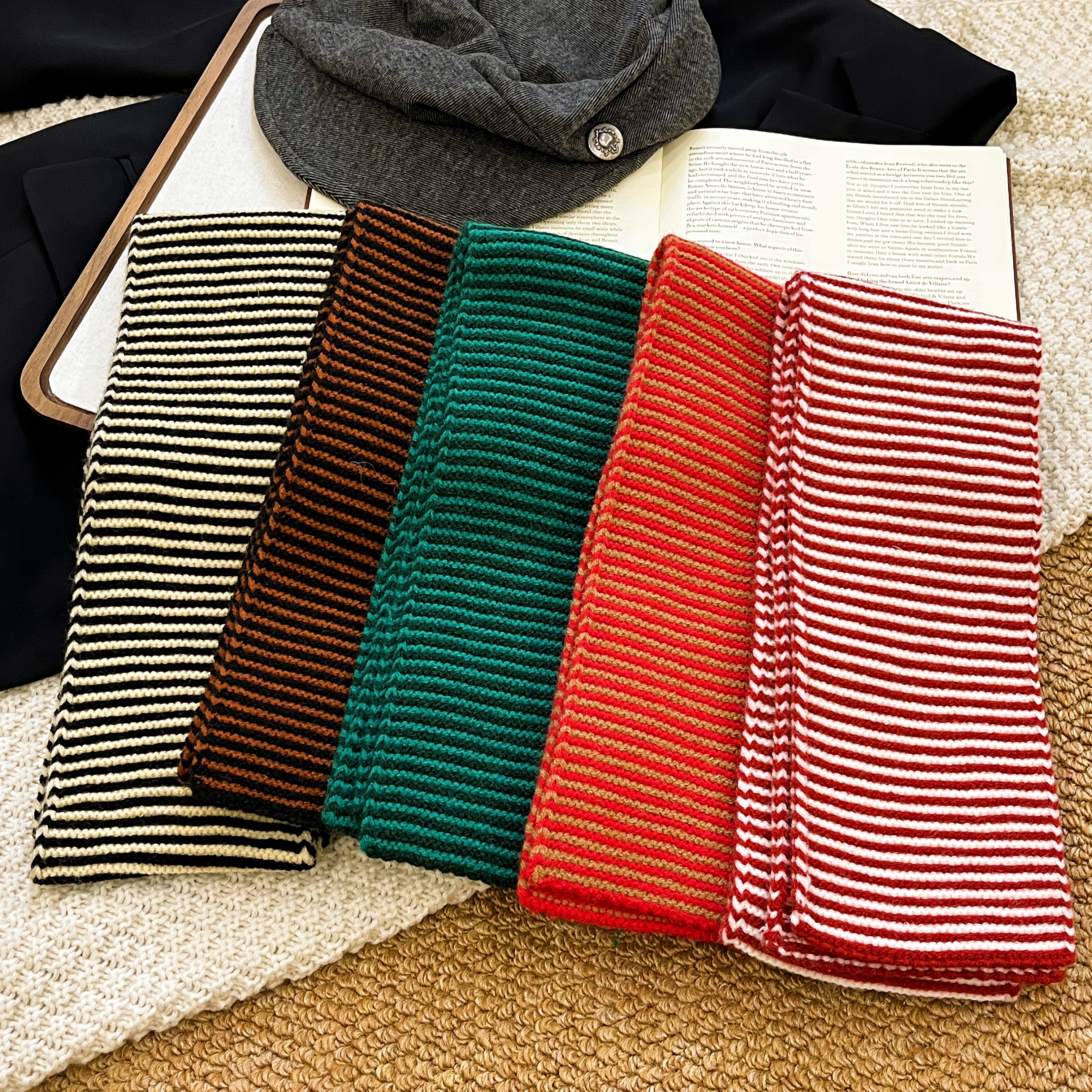 日系简约条纹针织毛线围巾女2025秋冬季加厚保暖短款围脖百搭青年