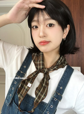 瑞士勃艮第风复古棉麻三角巾男女百搭格子丝巾搭配装饰系脖小围巾