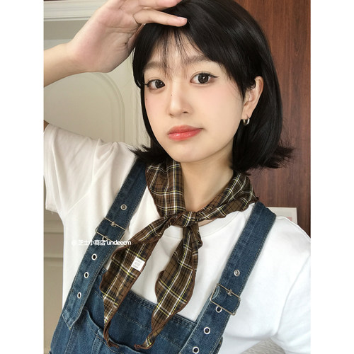 瑞士勃艮第风复古棉麻三角巾男女百搭格子丝巾搭配装饰系脖小围巾