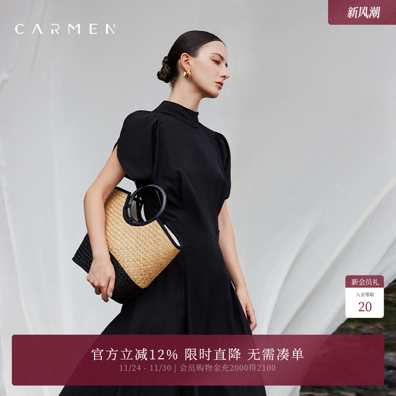 卡蔓高端法式宫廷风黑色连衣裙女2025夏高级感OL气质显瘦A字长裙