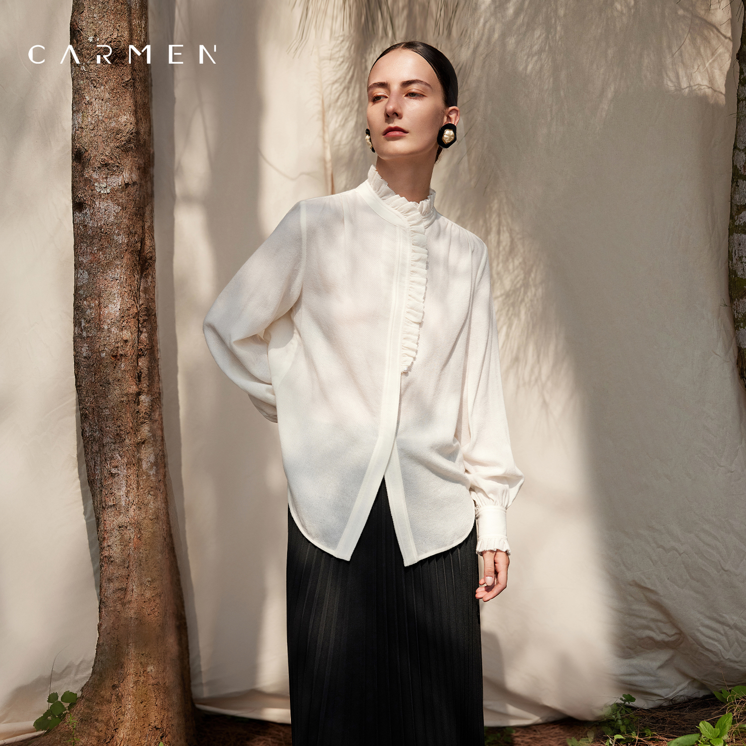 Carmen高端法式立领精纺针织羊毛衬衫女25冬季设计感气质打底毛衣