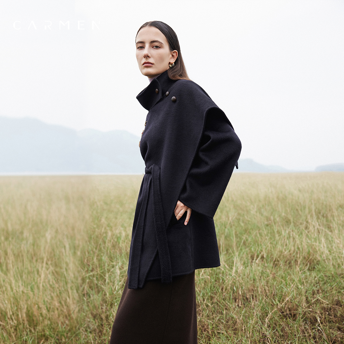 Carmen高端斗篷式山羊绒毛呢大衣女25冬季气质中长款羊毛呢子外套