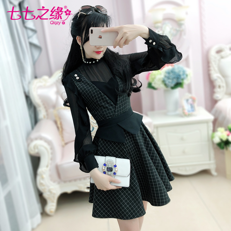 七七之缘2018春季新品女装韩版 黑色格子肩章修身背心裙连衣裙