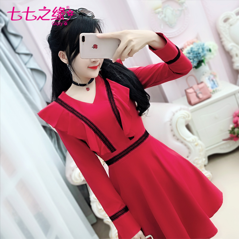 七七之缘2018秋季新品女装韩版 红色荷叶边黑蕾丝修身长袖连衣裙