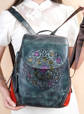 westal新款女包真皮背包民族风复古手工擦色头层牛皮双肩背包