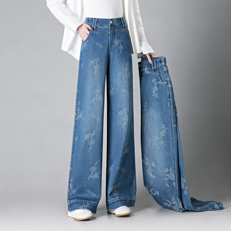 逸阳牛仔裤女2026新款春秋装品牌女裤时尚减龄高腰提花阔腿长裤子