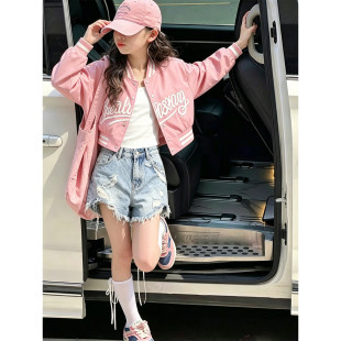 壹妈女童韩系粉色棒球服套装秋季初中女生洋气毛边牛仔短裤两件套