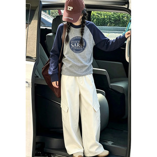 壹妈女大童套装秋季初中学生拼色长袖上衣白色多口袋工装裤两件套