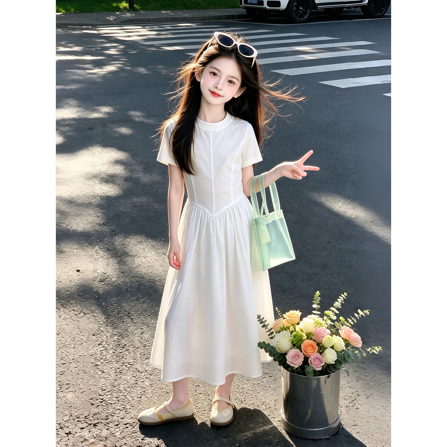 女童白色连衣裙中大童夏季2026白色短袖中长裙洋气简约圆领休闲裙