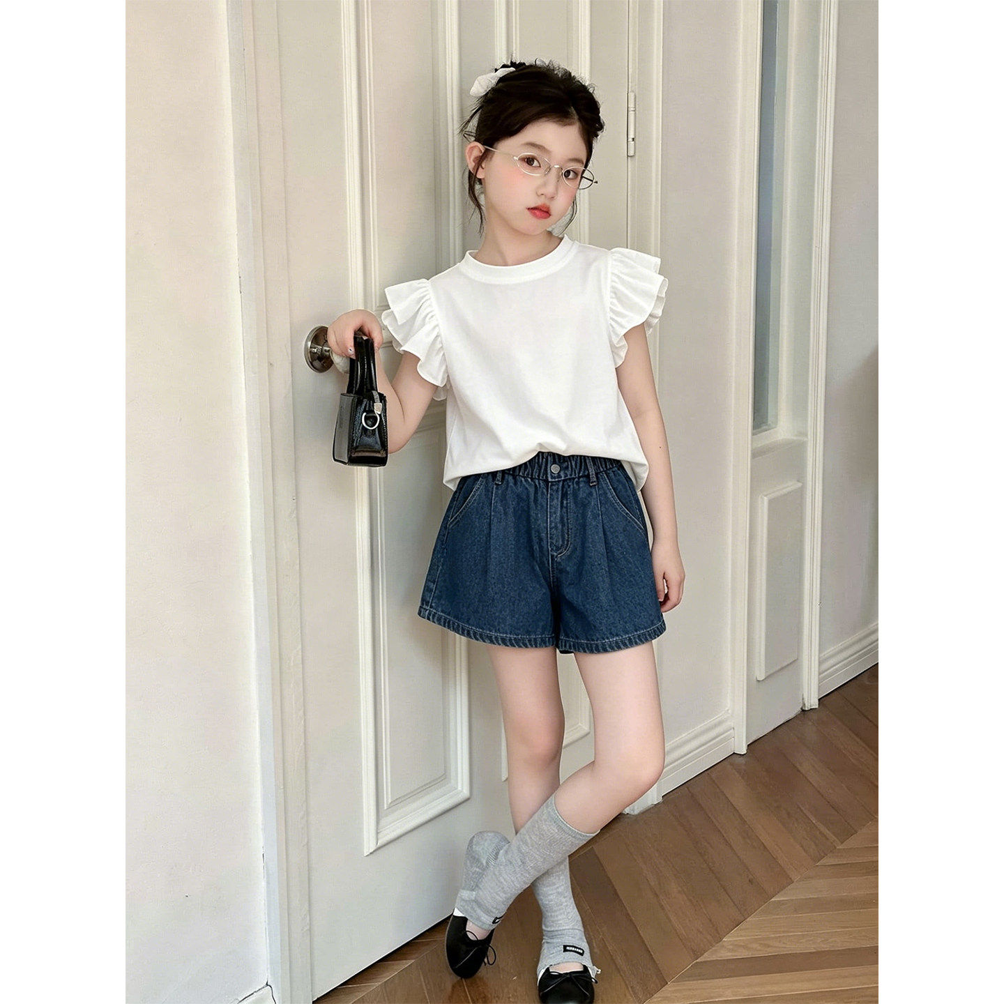 壹妈女童夏季牛仔短裤短袖套装