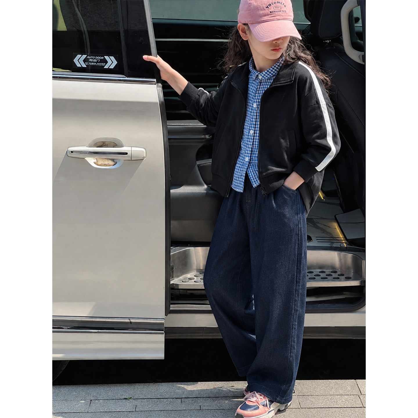 壹妈女大童秋季套装初中生女孩韩系黑白条纹外套格子衬衫牛仔裤