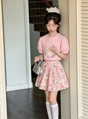 壹妈女童夏季法式泡泡袖大童套装