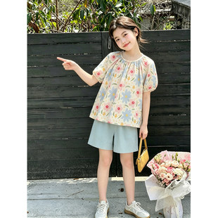 壹妈女童夏套装碎花泡泡袖上衣浅蓝色短裤初中生洋气休闲两件套