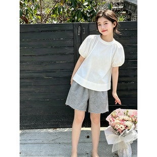 壹妈女童短袖t恤中大童学生夏季温柔风褶皱泡泡袖百搭宽松上衣