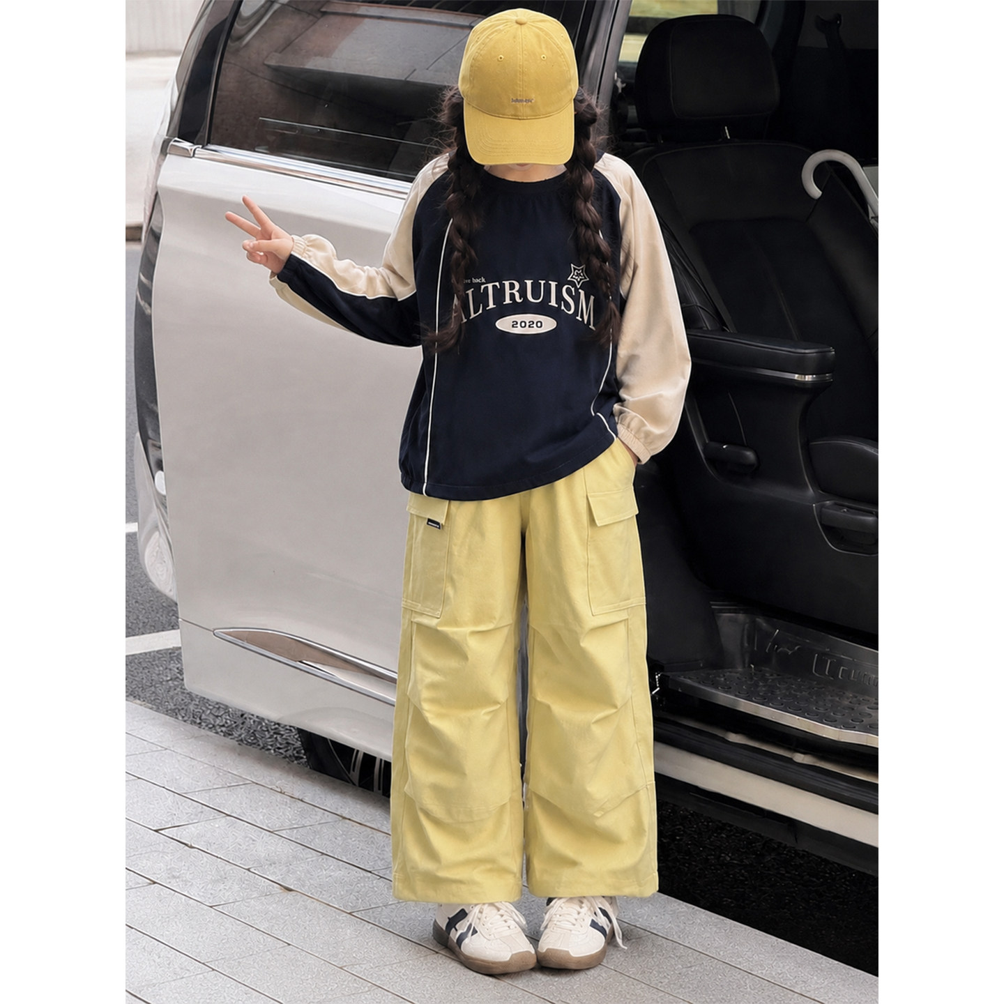 壹妈女大童秋季套装韩系初中生女孩撞色字母卫衣黄色工装阔腿裤