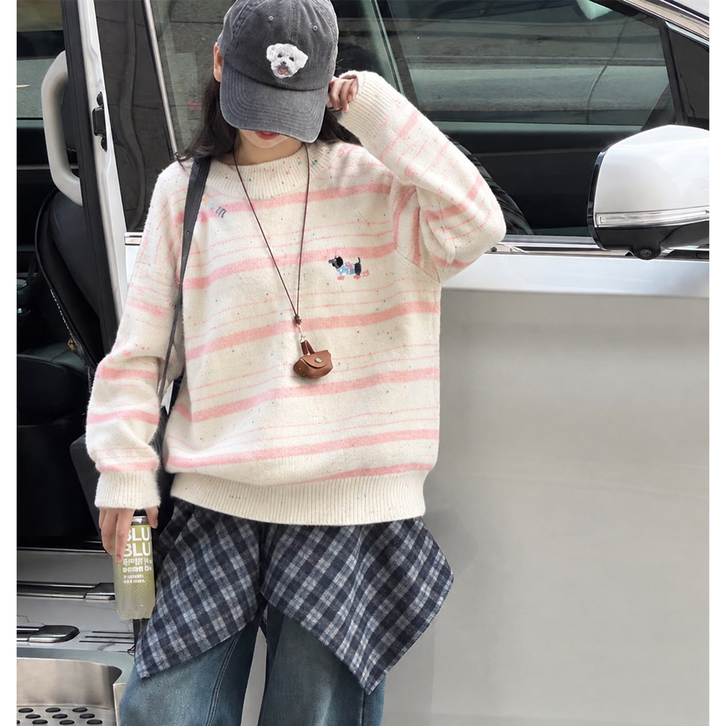 壹妈女中大童秋季粉白条纹小狗刺绣毛衣初中生女孩韩系圆领针织衫