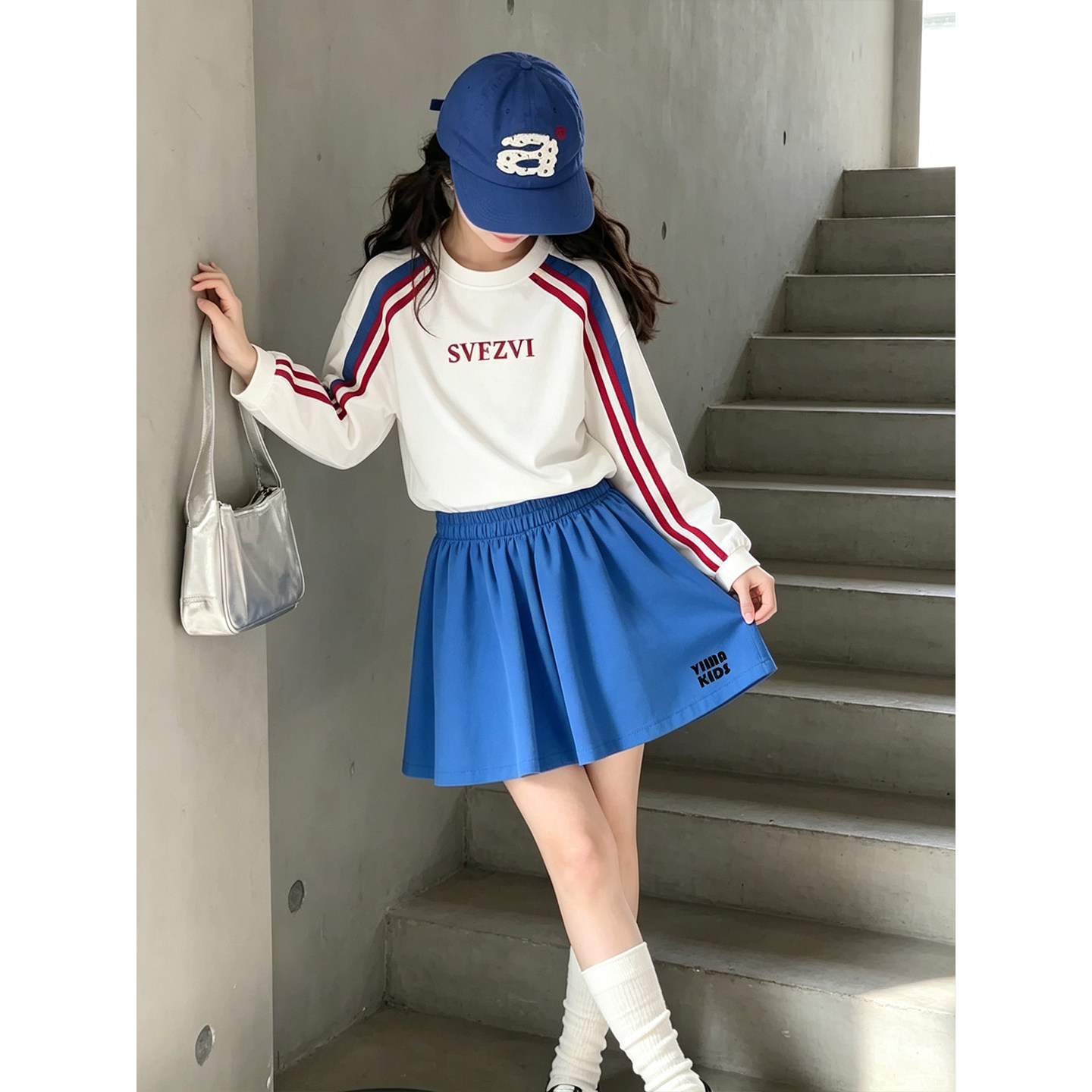壹妈女大童运动套装秋季初中生女孩洋气红白条纹长袖卫衣百褶短裙