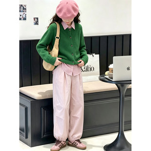 壹妈女大童套装早秋初中生复古毛衣外套条纹衬衣粉色束脚裤三件套