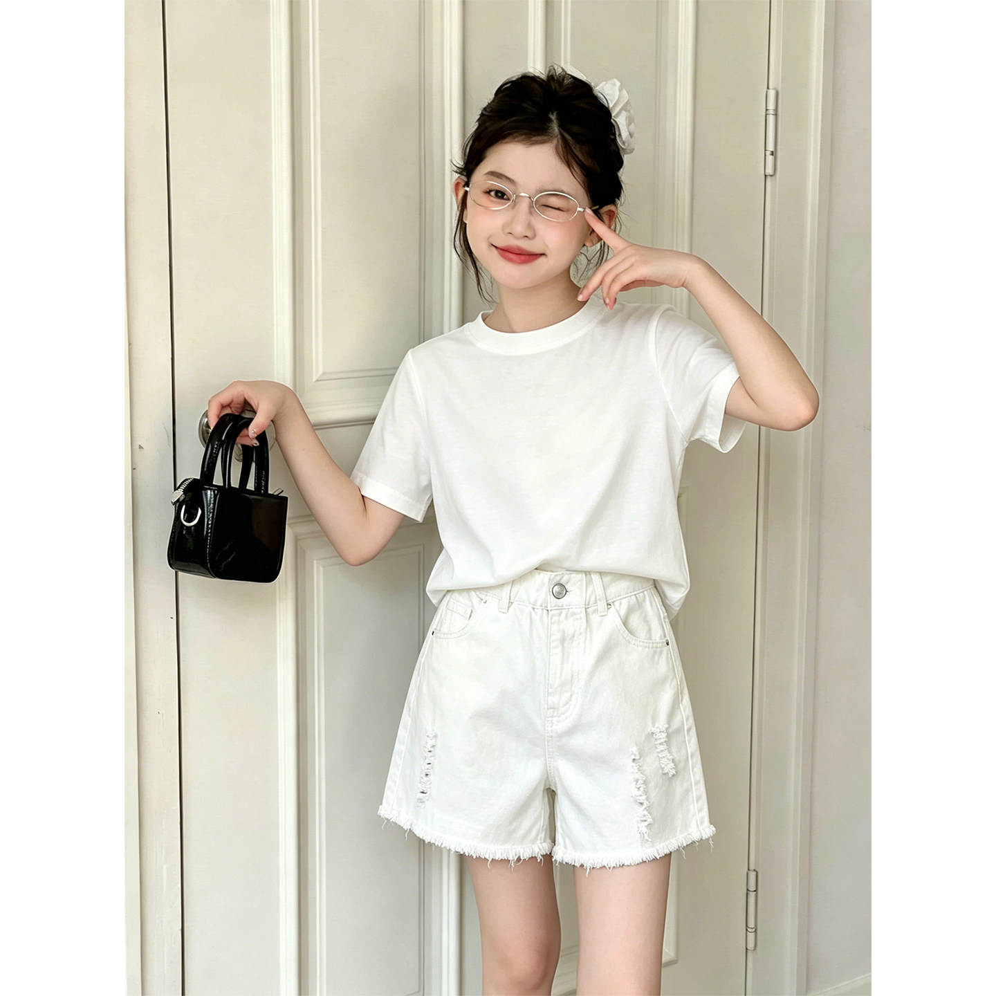 壹妈女大童夏季套装初中女孩洋气白色短袖t恤破洞牛仔短裤两件套