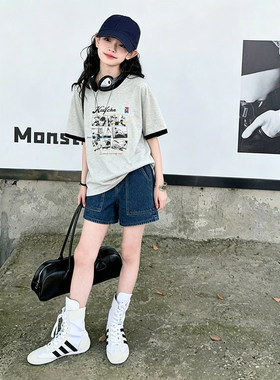 壹妈女中大童夏套装初中生洋气穿搭漫画印花短袖t恤深蓝牛仔短裤