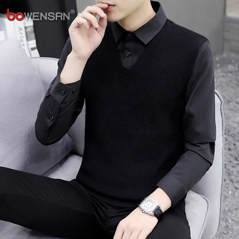 高端假两件针织衫男士2025新款秋冬季潮流商务休闲衬衫领毛衣男款