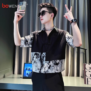 高级感冰丝衬衫男士短袖夏季2025新款潮流痞帅扎染拼接衬衣服男款