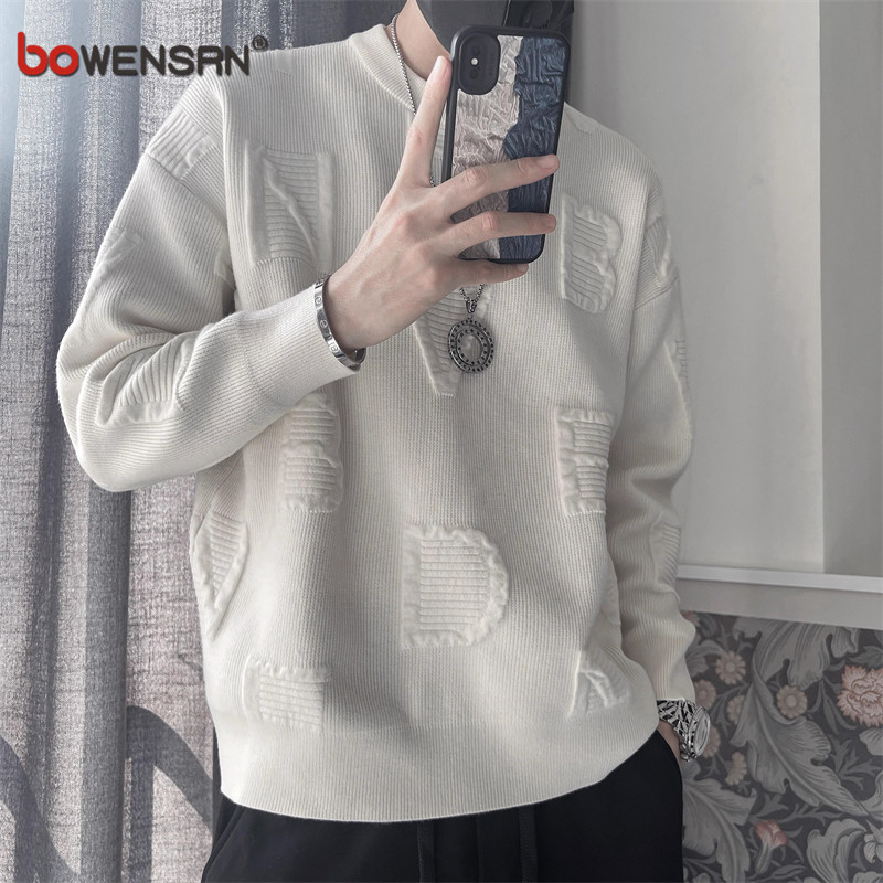 潮牌立体提花毛衣男士2025新款春秋季重磅宽松针织打底衫男款秋冬
