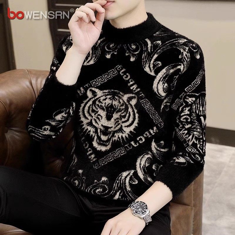 高端毛衣男士秋冬季2025新款潮牌虎头仿水貂绒半高领针织衫男款潮