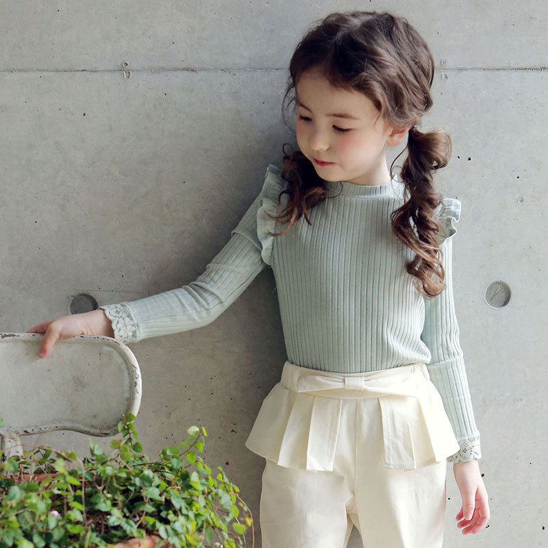 2025春季新款韩版女童装T恤衫打底衫儿童女孩菲边蕾丝袖基础上衣