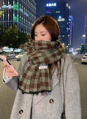 Mrakeai Kyyds MK新款包边绿色格子时尚韩版仿羊绒围巾冬季保暖披