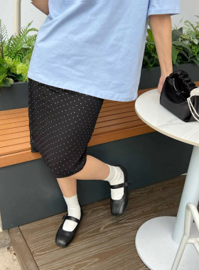 韩式黑色波点半身裙女高腰显瘦A字中裙复古开叉裙裙子