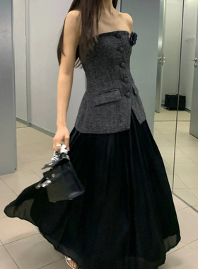 小香赫本风抹胸拼接显瘦两件套