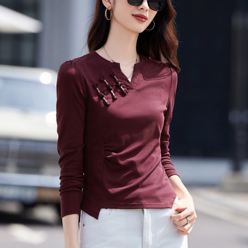 新国风盘扣v领长袖t恤女2026春秋装新款不规则修身打底衫黑色小衫
