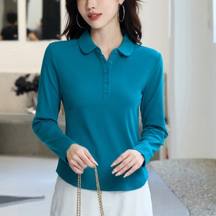小翻领修身长袖t恤女新款春秋纯棉洋气打底衫内搭polo衫单穿上衣