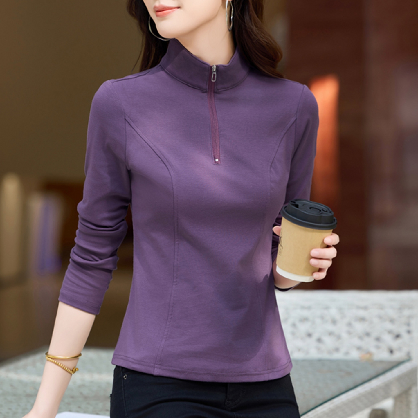 拉链半高领打底衫女可外穿2025新款春秋冬纯棉修身立领长袖t恤女