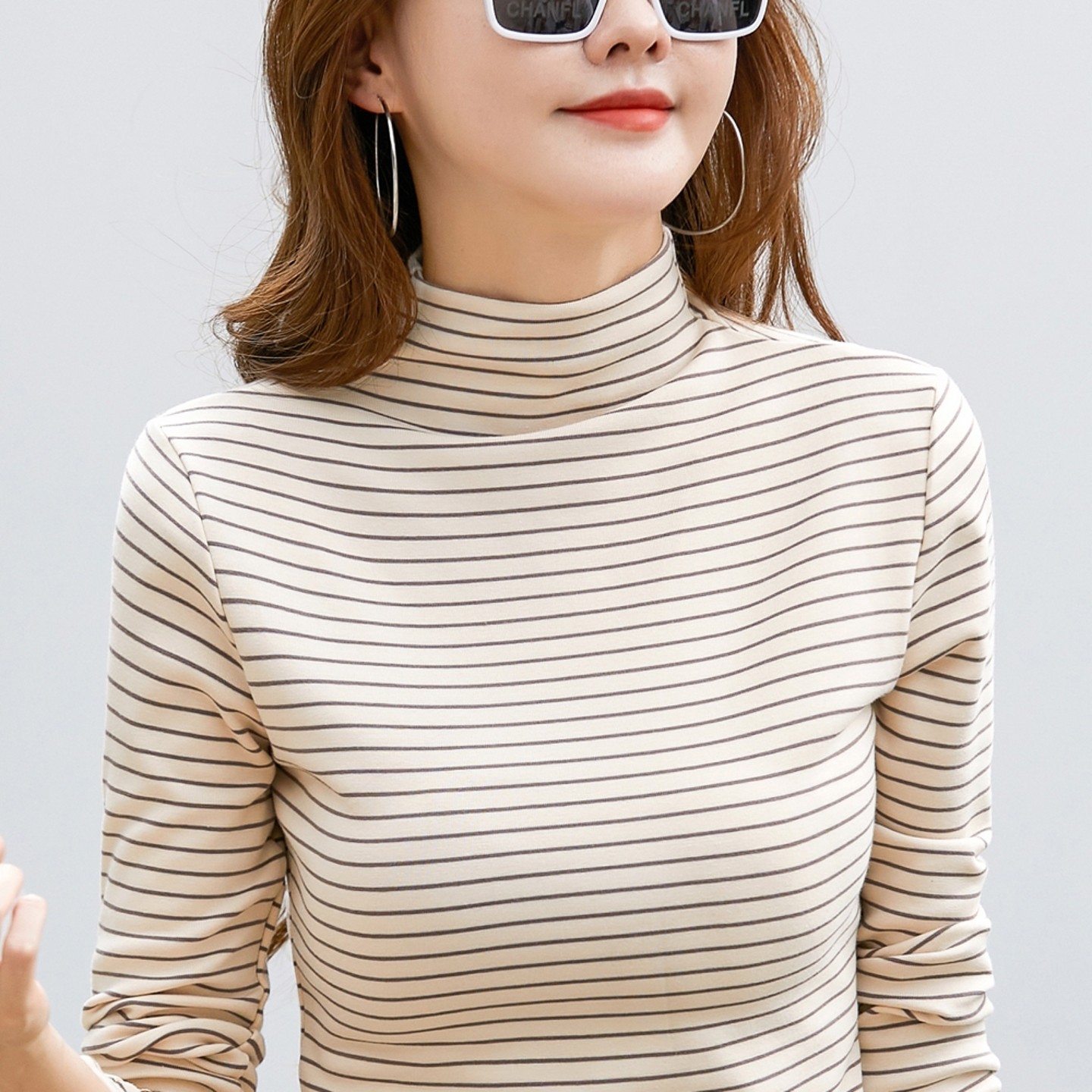 磨毛加厚款纯棉半高领打底衫女秋冬新款修身条纹长袖t恤保暖上衣,女装/女士精品,T恤,淘宝优惠券,粉丝福利购,淘宝优惠卷