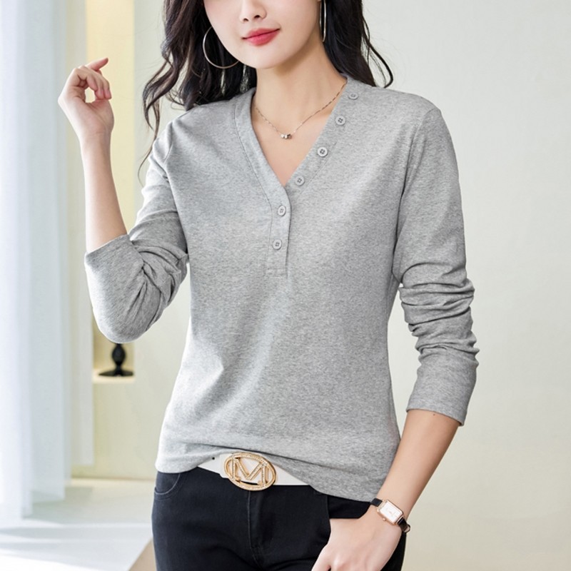 纯棉v领长袖t恤女2026早秋季新款纽扣上衣正肩修身打底衫洋气小衫