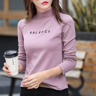 刺绣纯棉半高领打底衫女内搭秋冬可外穿修身长袖t恤磨毛加厚上衣