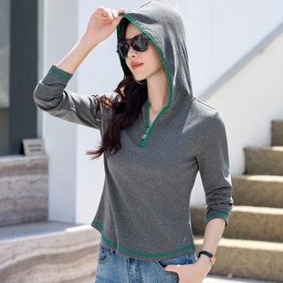 连帽长袖t恤女春秋2025新款设计感灰色打底衫内搭薄款卫衣可外穿