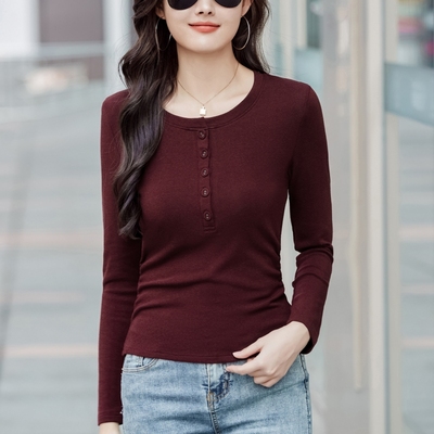 侧褶皱长袖t恤女打底衫内搭春秋冬新款修身纽扣气质百搭短款上衣