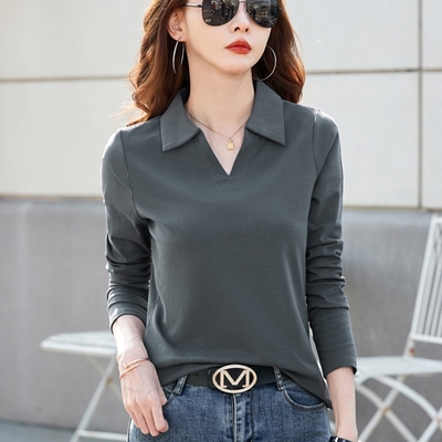 翻领polo衫纯棉长袖t恤女宽松早春装新款外穿洋气小衫打底衫上衣