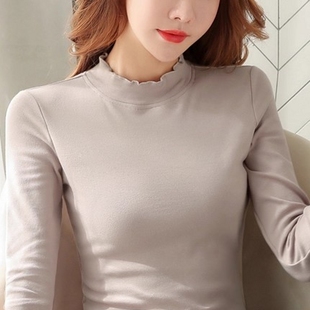 长袖 修身 t恤洋气上衣 女秋冬2025新款 纯棉磨毛木耳边半高领打底衫