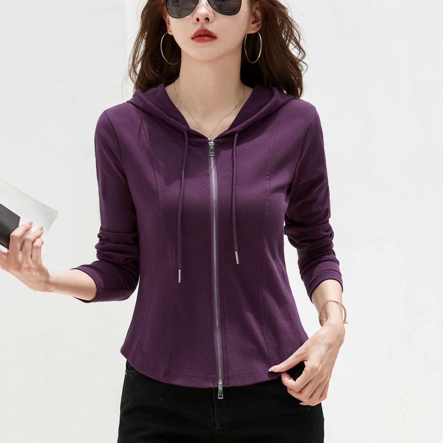 纯棉连帽卫衣外套女2025新款春秋拉链运动长袖t恤小个子短款上衣
