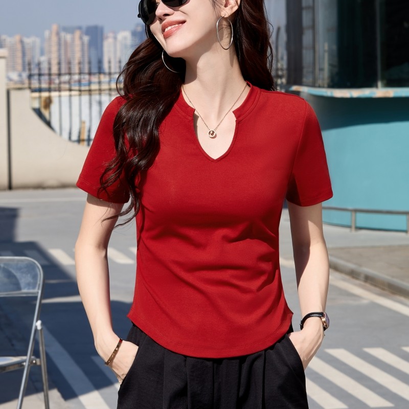 小v领t恤女短袖夏季2026新款正肩修身显瘦黑色白色收腰女士上衣