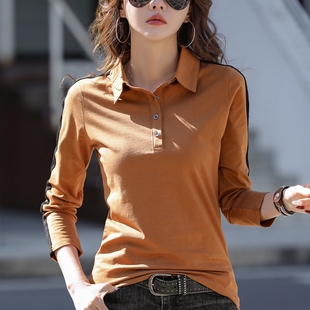 纯棉长袖T恤女春秋衣外穿女装有领体恤修身上衣打底衫翻领polo衫