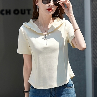 连帽拉链短袖t恤女夏季新款纯黑色宽松休闲体恤减龄时尚短款上衣