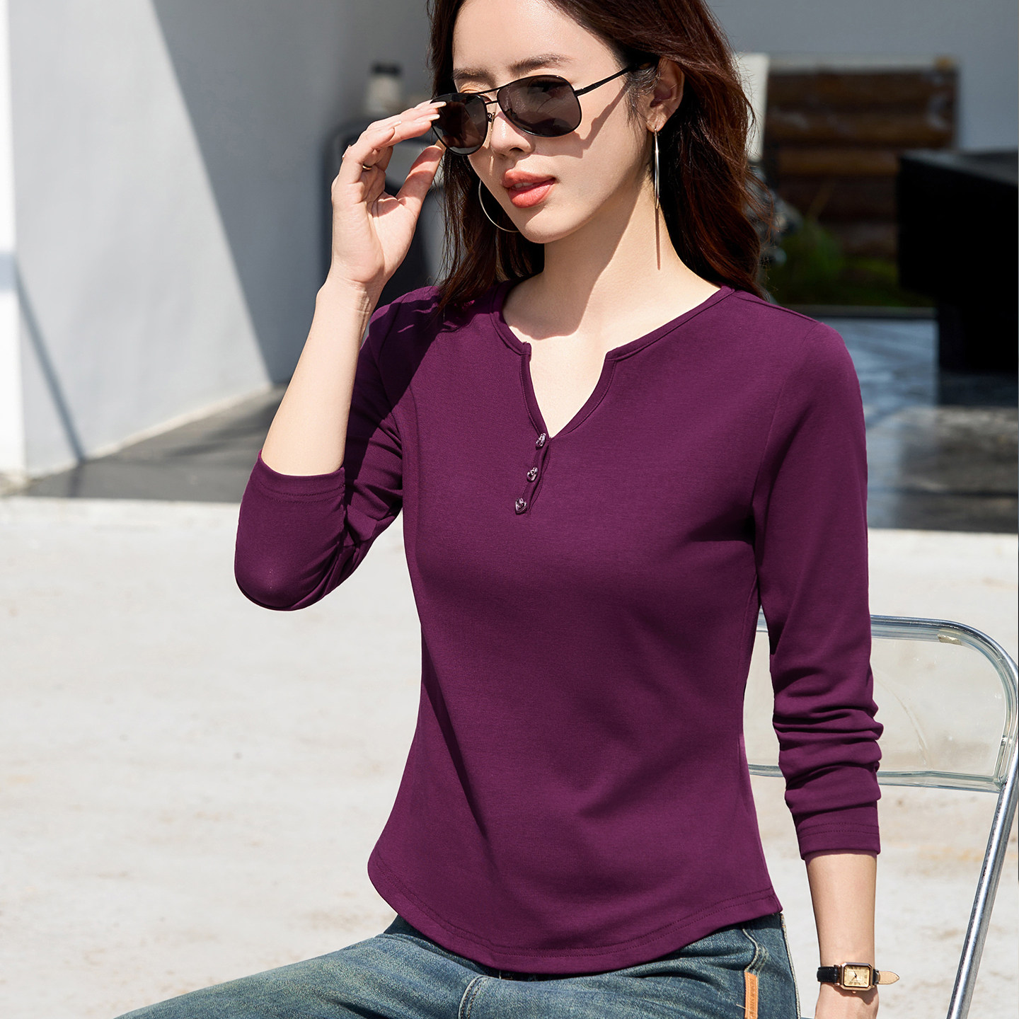 小v领长袖t恤女新款设计感黑色打底衫内搭修身早秋超好看单穿上衣