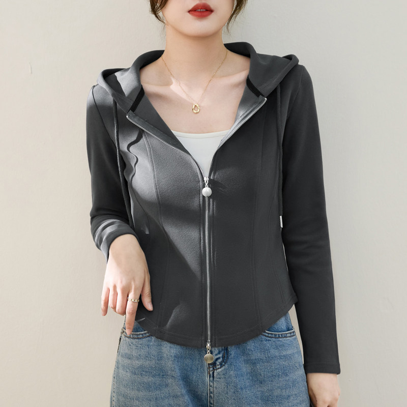 连帽拉链长袖t恤女外套秋款卫衣高级感气质小香风设计感小众上衣
