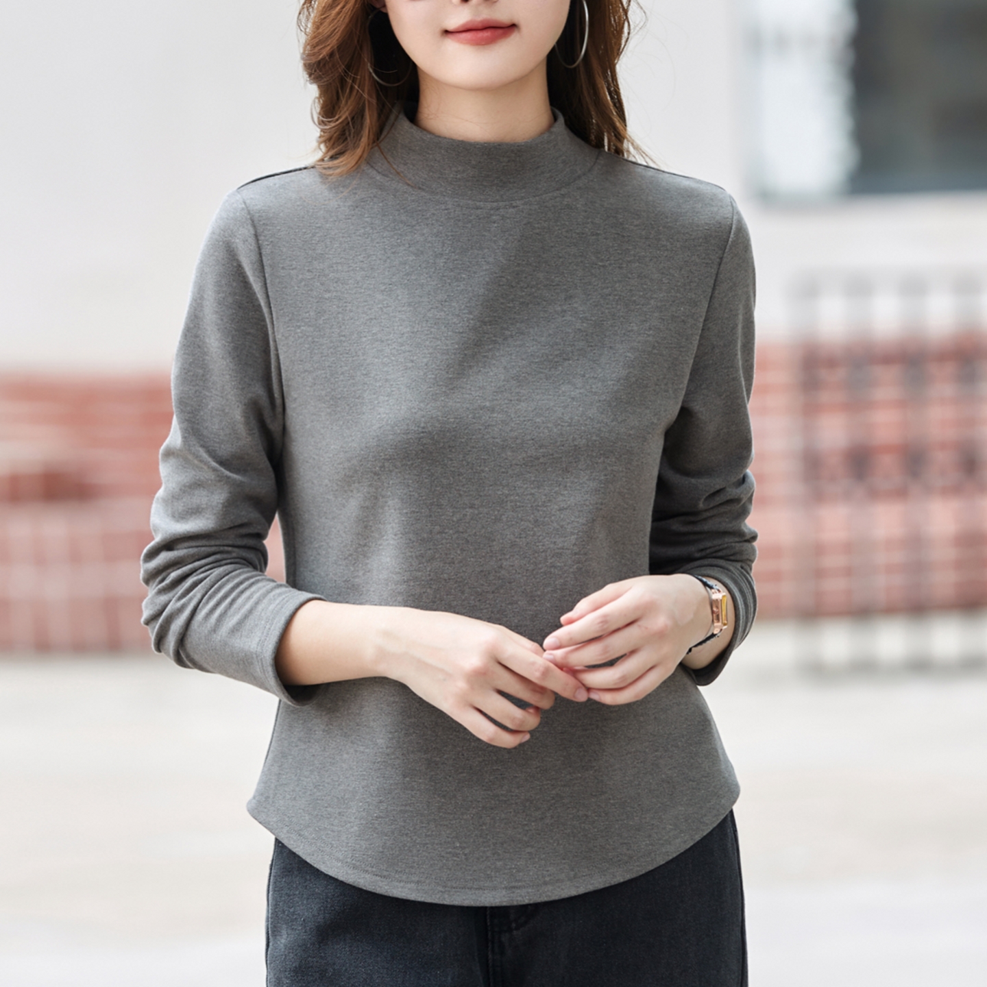 加厚款半高领打底衫女内搭秋冬新款纯色棉长袖t恤磨毛绒保暖上衣